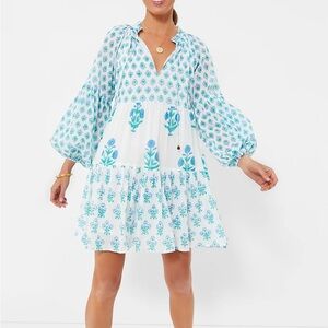 Oliphant Blue Floral Balloon Sleeve Short Mini Dress SMALL